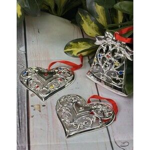 Lenox Silver Tone Christmas Ornament Lot of 3 Heart & Bell with Rhinestone 3”